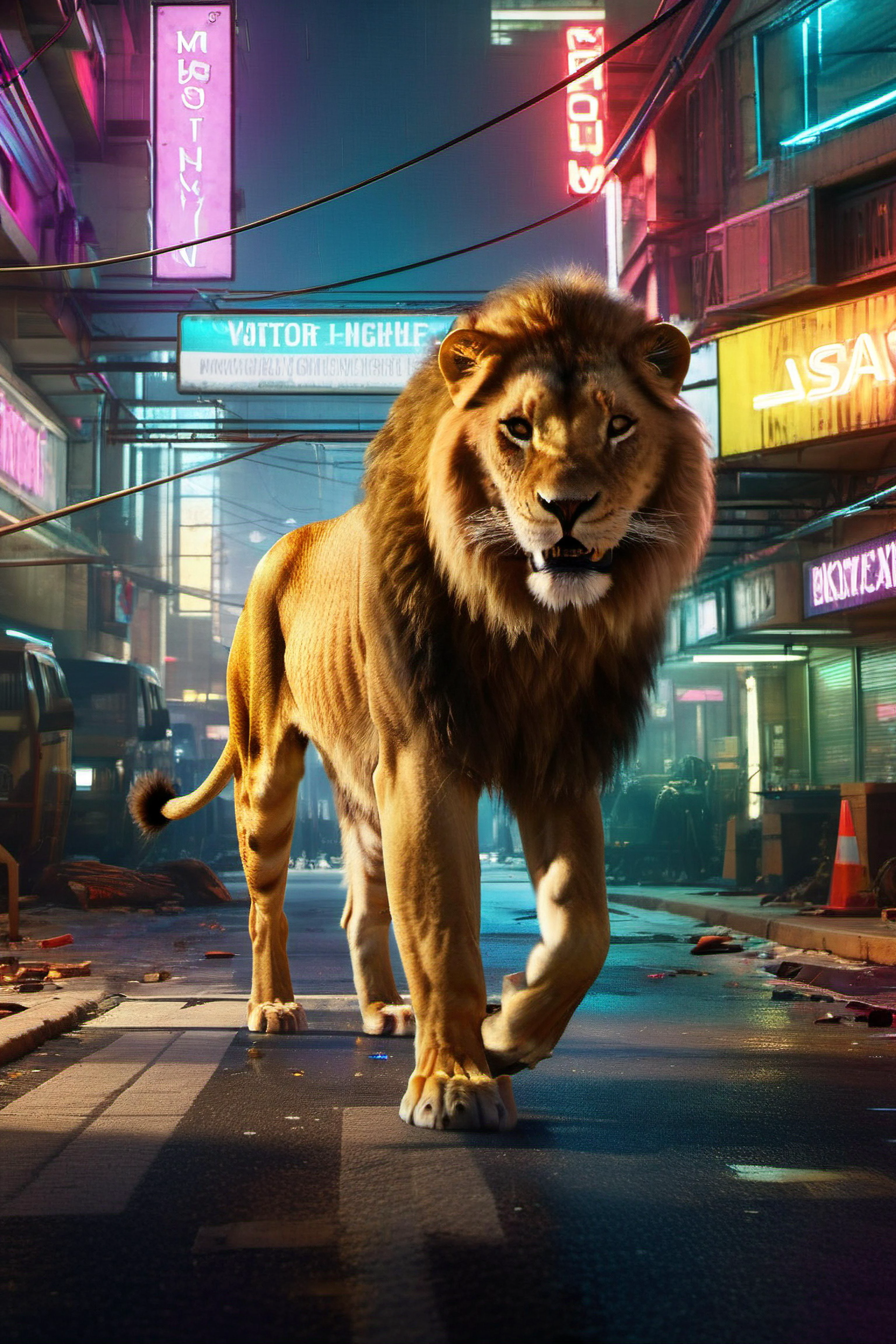 view angle from the ground, Neon punk, cyberpunk style, Aslan the lion stalking down a crowded street, background is a cyberpunk street at night, lots of details, beautiful image, neon lights, large buildings, Ultra Realistic, Extreme Realism, A Vivid UHD Photograph, 8K, extremely detailed, photorealism, natural light, masterpiece, best quality, amazing, intricate, highly detailed, sharp focus, cinematic,