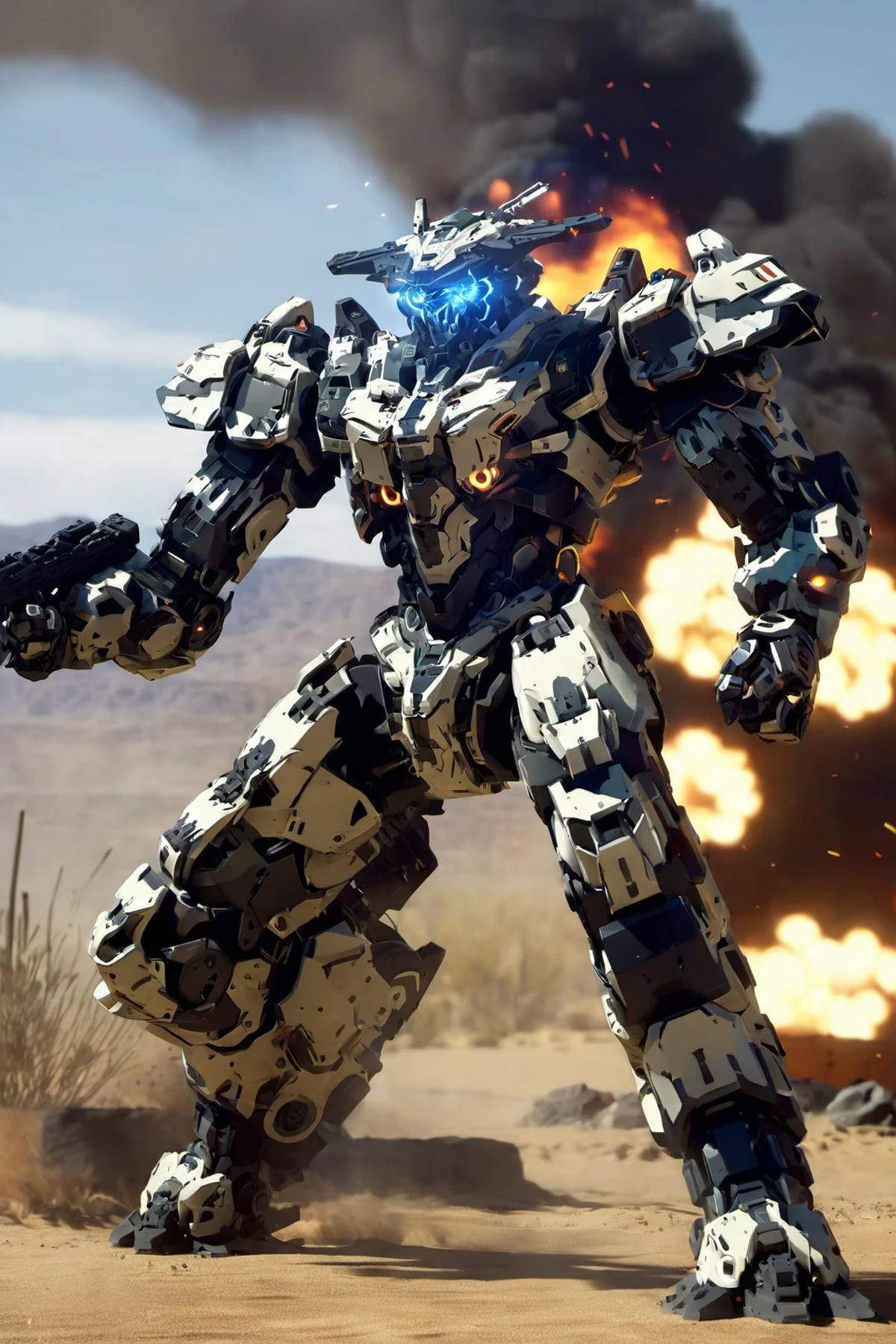 1robot , mecha, streamline armor, battle field, battle stance
glowing eyes
missiles
smoke, fire, explosions
desert,
shattered ground
dramatic lighting, shadow
( 8k, unity, analog , bokeh)