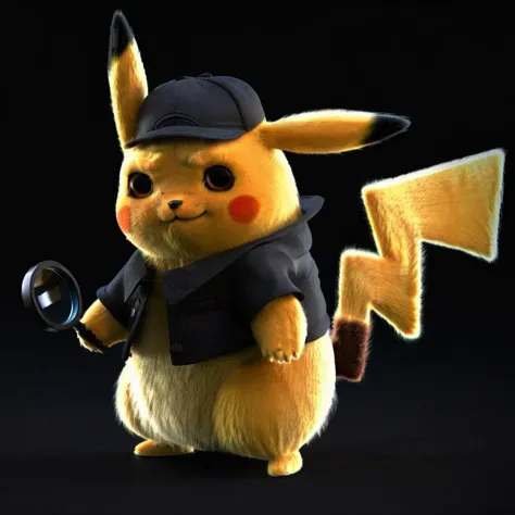 ultra-detailed,8K,detailed light,detailed shadow,RAW, (detailed skin),(realistic:1.2),pikachu wearing black vest and black cap holding a magnifying glass, black background