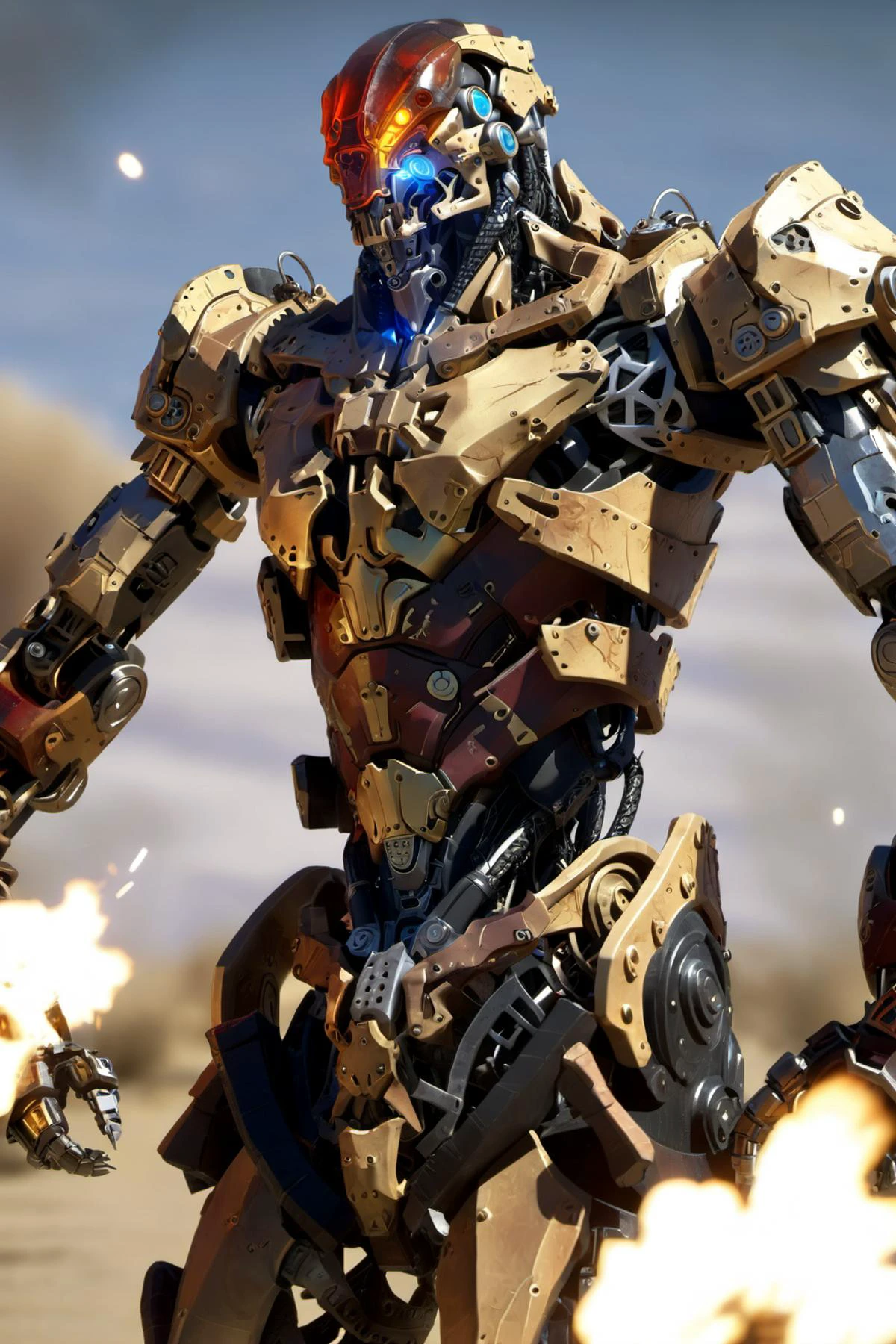 1robot , steampunk, streamline armor, battle field, battle stance
glowing eyes
missiles
smoke, fire, explosions
desert,
shattered ground
dramatic lighting, shadow
( 8k, unity, analog , bokeh,)