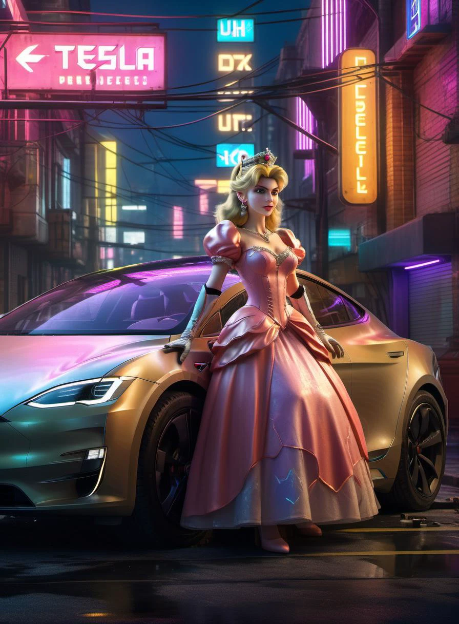 beautiful 2D Princess Peach in her big dress, leaning on a Tesla, in a Cyberpunk city street with neon Lights in the background, Ultra Realistic, Extreme Realism, A Vivid UHD Photograph, 8K, extremely detailed, photorealism, natural light, masterpiece, best quality, amazing, intricate, highly detailed, sharp focus, cinematic,