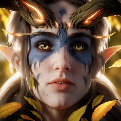 elf woman with glowing horns, blue face paint, falling leaves,forest background, realistic side lighting, 8K high definition, ultra realistic detailed beautiful eyes, (8K ultra realistic detailed skin:1.03) (small freckles:0.3) realistic soft lighting, (realistic skin color:1.13) (detailed nose:1.13) ultra realistic detailed face, ultra realistic detailed pupil of the eye, (skin pores:1.06)