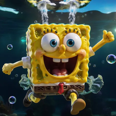 cinematic photo of full-shot of happy SpongeBob SquarePants running underwater, bubble floating around him