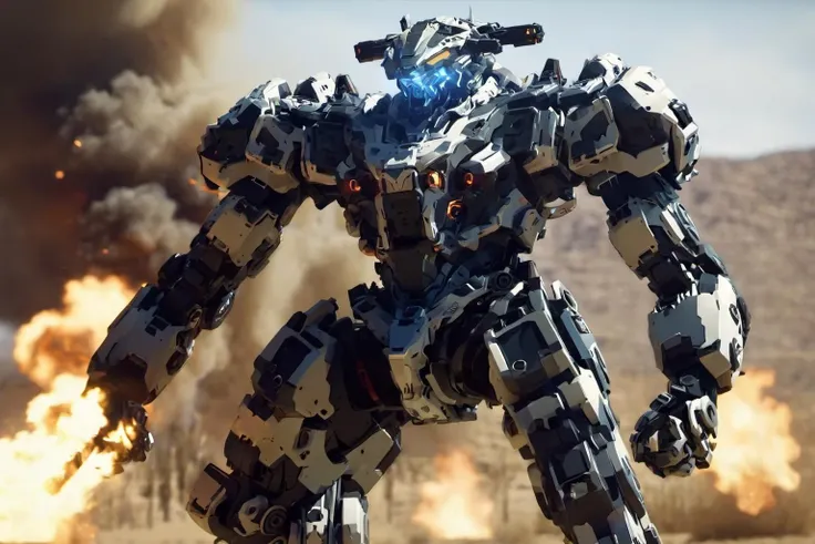 1robot , mecha, battle field, battle stance
smoke, fire, explosions
desert
dramatic lighting, shadow
( 8k, unity, analog , bokeh)