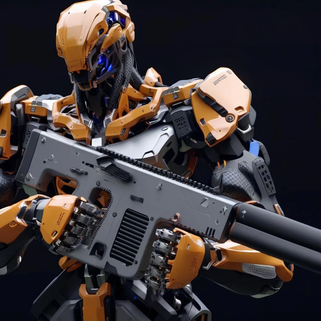 a close up portrait of a orange robot holding a gun, dark background, shiny intricate 3D graphics octane render highly detailed 8k HDR UHD high quality professional unreal engine PS5 cinematic vray, upper body, anime, shiny intricate 3D graphics octane render highly detailed 8k HDR UHD high quality professional unreal engine PS5 cinematic vray
