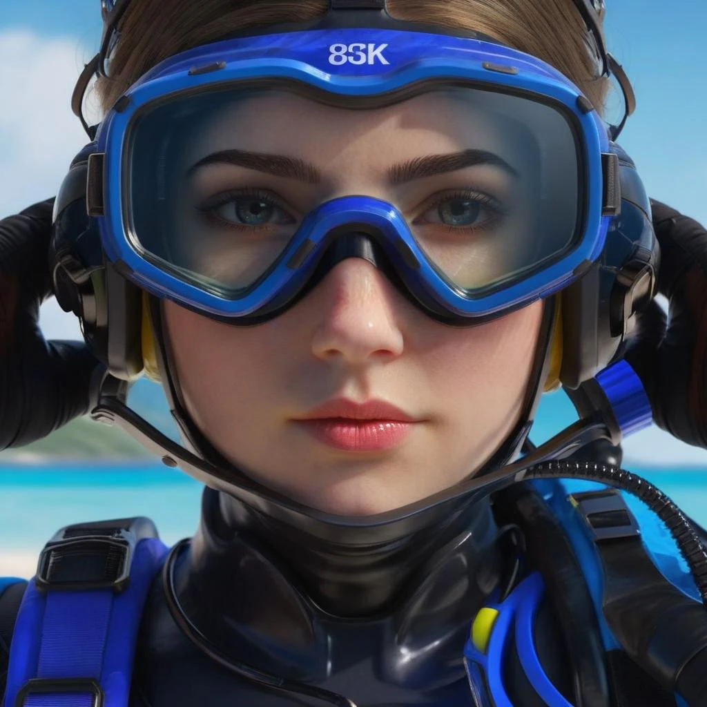 ultra-detailed,8K,detailed light,detailed shadow,RAW, (detailed skin),(realistic:1.2),a woman with blue diving suit standing, scuba goggle, beach background,her hand touching the scuba goggle, wearing a watch
