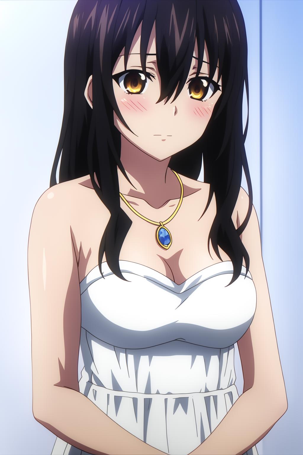 Anime girl with black hair and yellow eyes in white dress - SeaArt AI