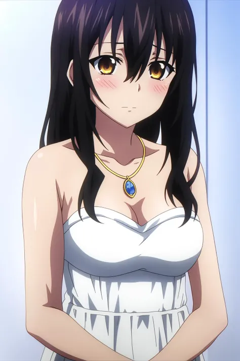 (masutepiece, Best Quality, High resolution, anime colours, megami magazine:1.2, anime poster style, anime keyvisual, sharp, 8k, photorealistic), from side, (beautiful eyes:1.5, beautiful face), egawa Yui, 1girl, solo, Cute, blush, (Long Black Hair), (sagging huge breideboob), (white onepiece swimsuit), cleavage, ind back, upper body), (Perfect detailed Anatomy, beautiful detailed hair, perfect detailed body:1.2, shiny skin), (thick outline, Beautiful outlines, black outlines), simple background,