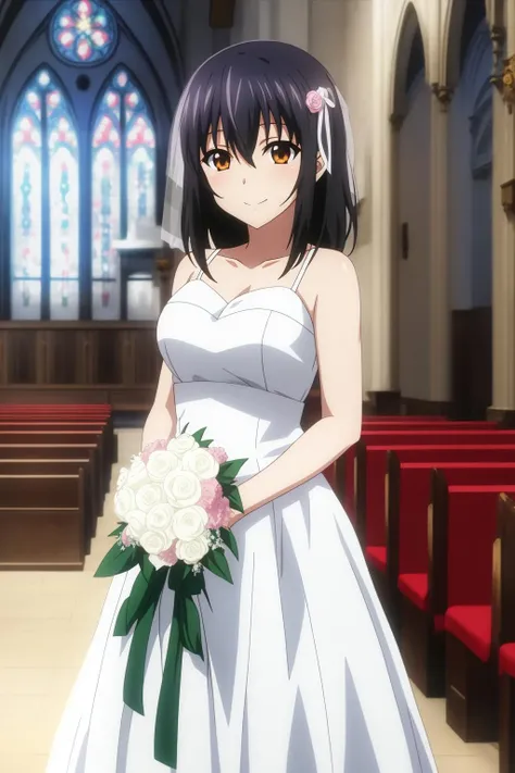 yukina, 1girl, solo, long_hair, looking_at_viewer, short_hair, bangs, black_hair, ribbon, hair_between_eyes, brown_eyes, wedding_dress, white_dress, holding_flowers, church, smile