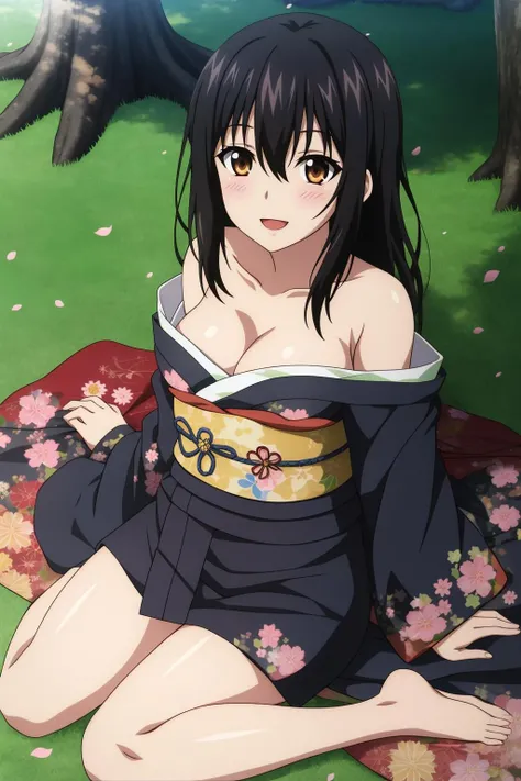 yukina, 1girl, solo, long_hair, breasts, looking_at_viewer, blush, smile, open_mouth, bangs, black_hair, long_sleeves, cleavage, hair_between_eyes, bare_shoulders, brown_eyes, medium_breasts, sitting, collarbone, :d, outdoors, parted_lips, japanese_clothes, day, shiny, wide_sleeves, medium_hair, kimono, off_shoulder, shiny_hair, tree, shiny_skin, sash, petals, bare_legs, arm_support, obi, floral_print, grass, cherry_blossoms, yukata, yokozuwari, blue_kimono, print_kimono, clothes_down, against_tree