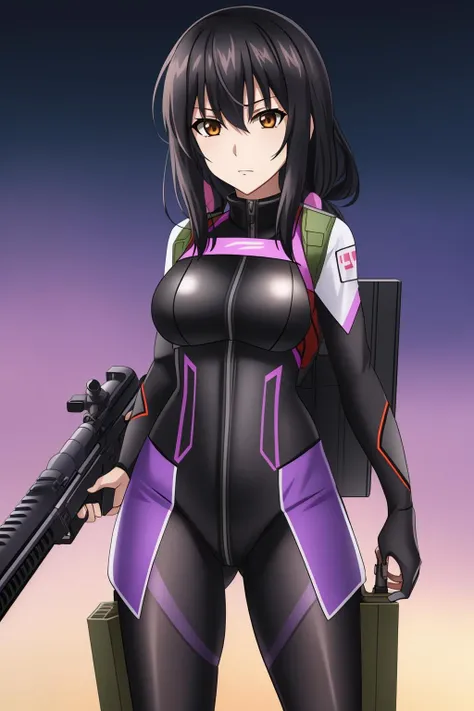 yukina, 1girl, solo, long_hair, looking_at_viewer, short_hair, bangs, black_hair, ribbon, hair_between_eyes, brown_eyes, widowmaker_\(overwatch\), cosplay, bodysuit, holding_weapon, sniperrifle