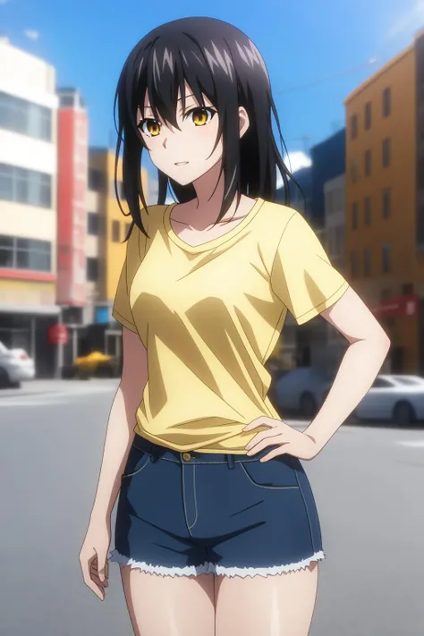 yukina, 1girl, solo, long_hair, looking_at_viewer, short_hair, bangs, black_hair, ribbon, hair_between_eyes, brown_eyes, yellow_t-shirt, blue_jeans, city, hands_on_hips