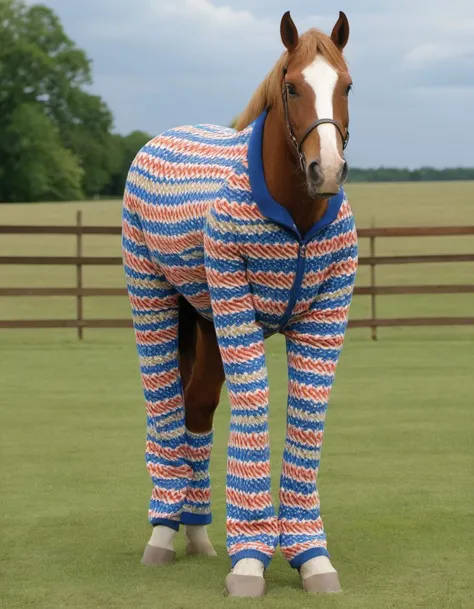 <lora:cx_V0:1> Mr. Ed the talking horse in a one piece cline pattern knit boilersuit, zig zags,
