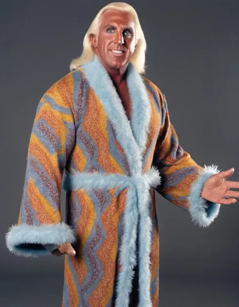 <lora:cx_V0:1> Nature Boy Ric Flair in am elaborate cline pattern knit entrance robe, zig zags, feathers, loops