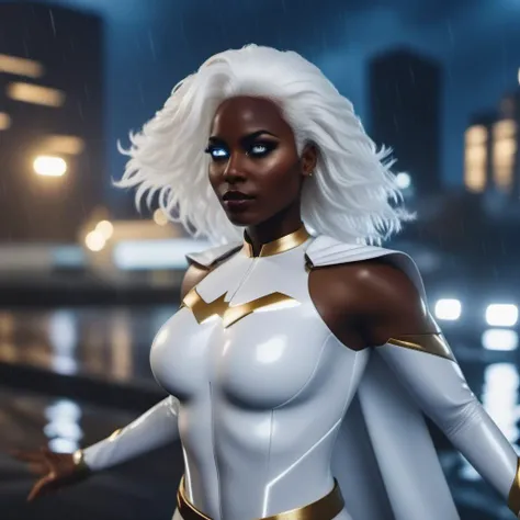cinematic photo a black woman with white hair, super hero, storm, white eyes, standing powerfull in the rain, city, drmatic, masterpiece <lora:Storm1024-000105:0.8> . 35mm photograph, film, bokeh, professional, 4k, highly detailed