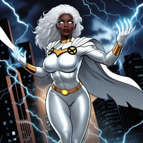 comic a black woman, full body, with white hair, white superhero suit, storm, white eyes, flying over a city, powerfull in the rain, dramatic, masterpiece <lora:Storm1024-000105:0.8> . graphic illustration, comic art, graphic novel art, vibrant, highly detailed