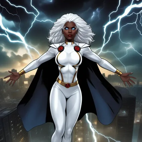 comic a black woman, full body, with white hair, white superhero suit, storm, white eyes, flying over a city, powerfull in the rain, dramatic, masterpiece <lora:Storm1024-000105:0.8> . graphic illustration, comic art, graphic novel art, vibrant, highly detailed