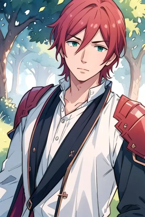 masterpiece, best quality, game cg, 1boy, solo, male focus, looking at viewer, upper body, depth of field, (watercolor illustration, soft pastel colors:1.1), , <lora:tomoya_matsunaga:0.68>, tomoya_matsunaga, red hair, green eyes, knight costume, , 2k resolution