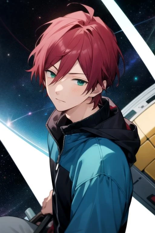 masterpiece, best quality, , 1boy, solo, male focus, looking at viewer, , , , , <lora:tomoya_matsunaga:0.68>, tomoya_matsunaga, red hair, green eyes, , trucker hat, space opera, 2k resolution