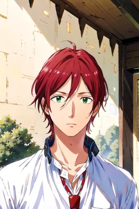 masterpiece, best quality, wallpaper, 1boy, solo, male focus, looking at viewer, upper body, depth of field, , realistic, <lora:tomoya_matsunaga:0.74>, tomoya_matsunaga, red hair, green eyes, , The Palace of Dreams,