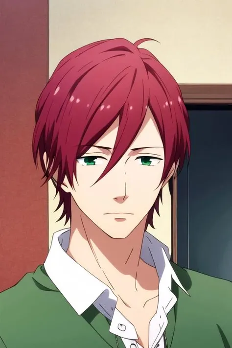 masterpiece, best quality, wallpaper, 1boy, solo, male focus, looking at viewer, upper body, , , realistic, <lora:tomoya_matsunaga:0.68>, tomoya_matsunaga, red hair, green eyes