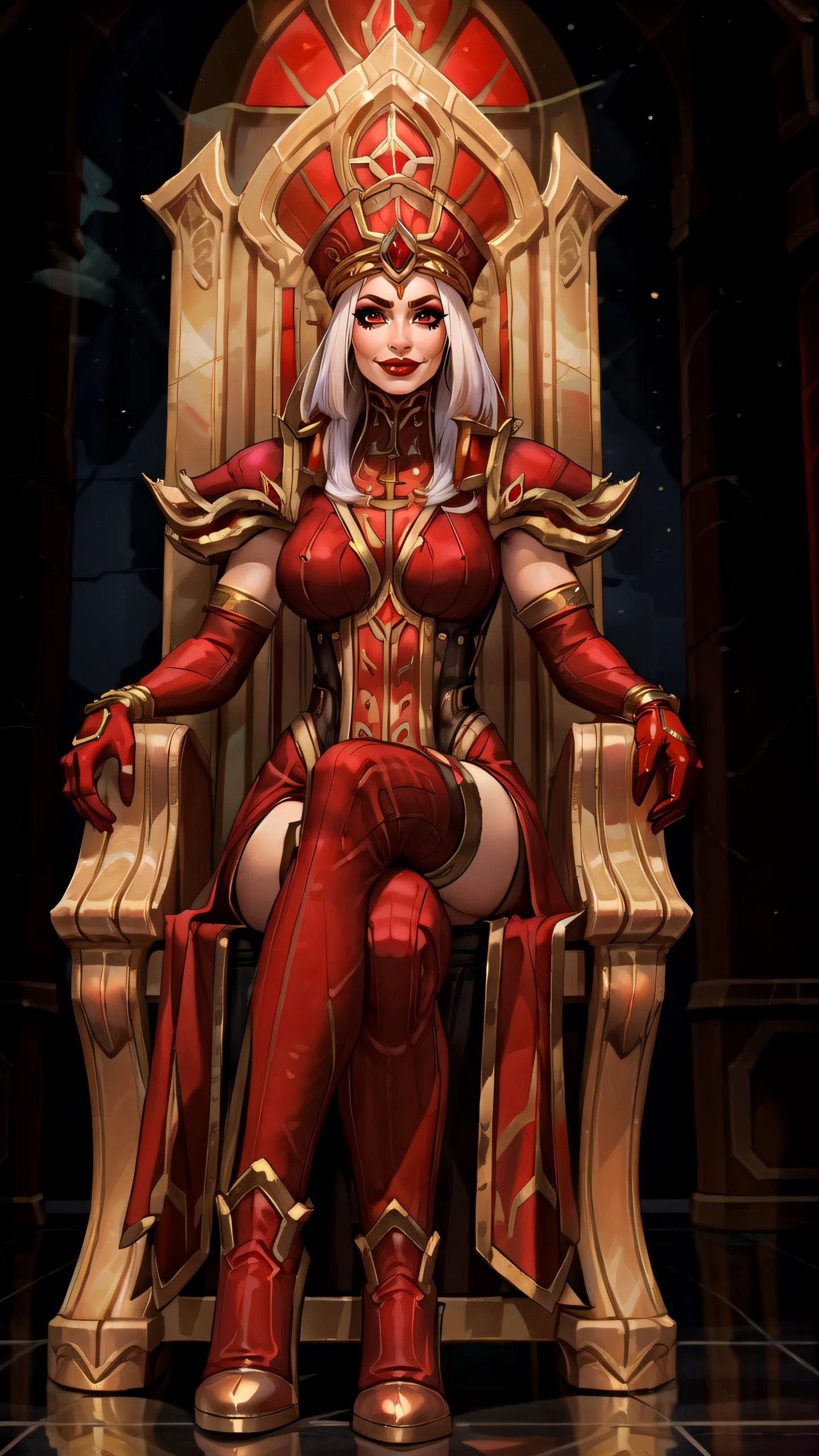 woman, red outfit, red hat, red gloves, red boots, has long white hair, make-up, red thighhighs, <lora:Sally Whitemane:0.7>, scarlet cathedral, stained glass, murals, red eyes, wide hips, sitting, reclined pose, crossed legs, tall throne, serious, smile, (centered:1.2), front view