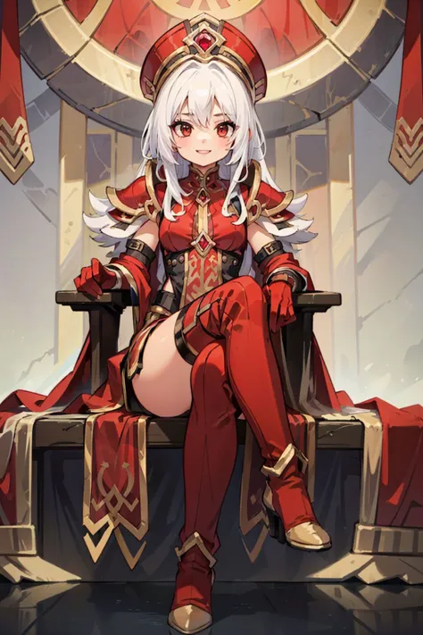 (Masterpiece:1.3), (best quality:1.2), (intricate details:1.1), (detailed background:1.2), 1girl, red outfit, red hat, red gloves, red boots, has long white hair, make-up, sitting, legs crossed, sexy smile, <lora:Sally Whitemane_wisematronai:0.6>