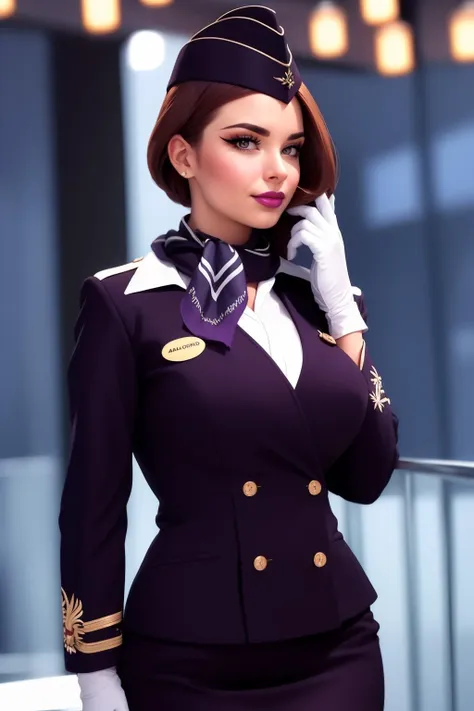 cinematic film still 1girl, solo, ((Hypnotic Enchanting Amethyst theme)), beautiful adult woman, eyeliner, eyeshadow, makeup, purple lips (auburn hair)  hair,best quality, high quality, high detail, 4k, 8k resolution,rim lighting <lora:Stewardess-64:0.80> st3w4rd3ss, uniform, white gloves, lapel, garrison cap, flight pin, name tag, pencil skirt, scarf, cuffs, large breasts, hourglass figure . shallow depth of field, vignette, highly detailed, high budget, bokeh, cinemascope, moody, epic, gorgeous, film grain, grainy