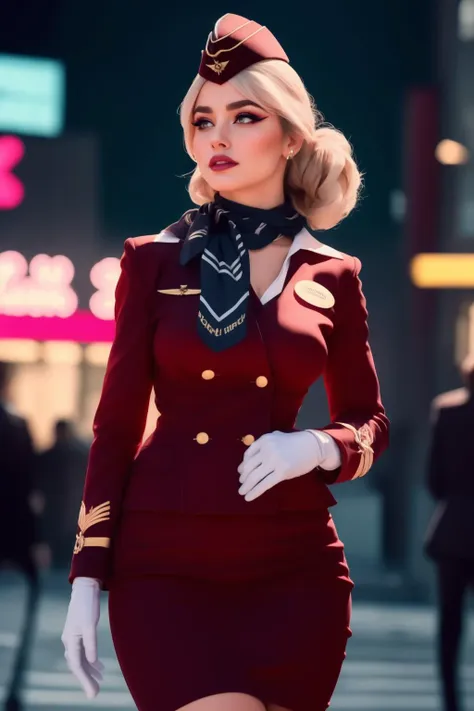 cinematic film still 1girl, solo, ((Pulsating Neon Pulse theme)), beautiful adult woman, eyeliner, eyeshadow, makeup, iridescent lips [honey hair]  hair,best quality, high quality, high detail, 4k, 8k resolution,rim lighting <lora:Stewardess-64:0.80> st3w4rd3ss, uniform, white gloves, lapel, garrison cap, flight pin, name tag, pencil skirt, scarf, cuffs, large breasts, hourglass figure . shallow depth of field, vignette, highly detailed, high budget, bokeh, cinemascope, moody, epic, gorgeous, film grain, grainy