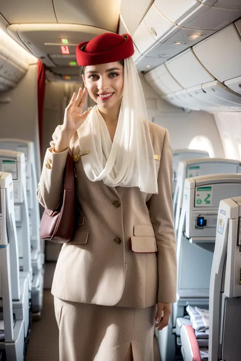 (realistic:1.3), finely detailed, quality, rembrandt lighting, (masterpiece:1.2), (photorealistic:1.2), (best quality), (detailed skin:1.3), (intricate details), dramatic, ray tracing, 1girl, arabian girl, 21 years old, olive skin, detailed skin texture, (blush:0.5), (goosebumps:0.5), subsurface scattering, smiling, medium breasts, updo hair, st3w4rd3ss, hijab, white scarf, jacket, red headwear, pencil skirt, name tag, hourglass figure, (bright sunny day, inside aeroplane cabin, seats), <lora:Outfit_soph-AirEmirates:0.8>