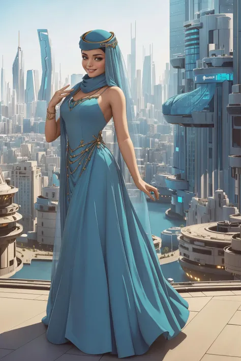 headshot of adult beautiful woman, solo, high quality, best quality, highres, high detail, <lora:Outfit_soph-AirEmirates:0.65>, st3w4rd3ss formal, hijab, beret, hair ornament (Gamboge:1.1 scarf), (Cerulean ballgown:1.4), portrait, hourglass figure, high heels, 1940s fashion, (Futuristic dystopian city viewpoint showcasing buildings with integrated nature:1.2), standing, (looking at viewer, smile, dancing:1.4), intricate beading. Professional, clear, neutral background, focused in an eccentric ensemble. Unique, quirky, stand-out, individualistic