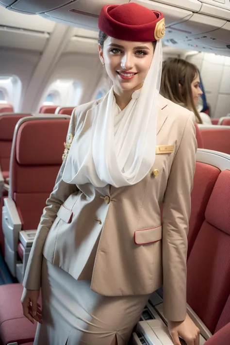 (realistic:1.3), finely detailed, quality, rembrandt lighting, (masterpiece:1.2), (photorealistic:1.2), (best quality), (detailed skin:1.3), (intricate details), dramatic, ray tracing, 1girl, arabian girl, 21 years old, olive skin, detailed skin texture, (blush:0.5), (goosebumps:0.5), subsurface scattering, smiling, medium breasts, updo hair, st3w4rd3ss, hijab, white scarf, jacket, red headwear, pencil skirt, name tag, hourglass figure, (bright sunny day, inside aeroplane cabin, seats), <lora:Outfit_soph-AirEmirates:0.8>