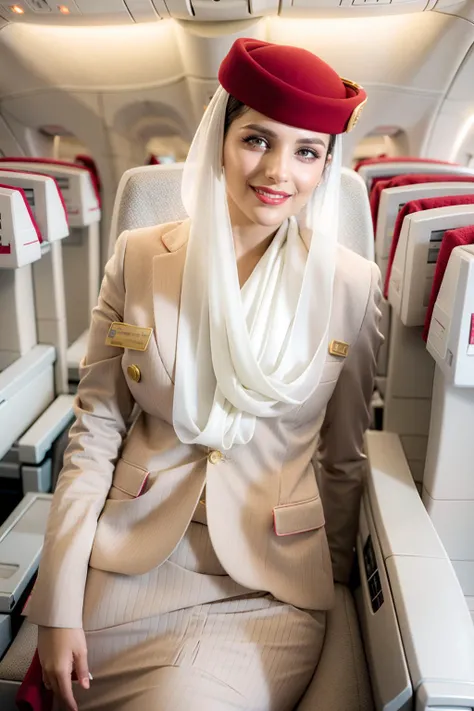 (realistic:1.3), finely detailed, quality, rembrandt lighting, (masterpiece:1.2), (photorealistic:1.2), (best quality), (detailed skin:1.3), (intricate details), dramatic, ray tracing, 1girl, arabian girl, 21 years old, olive skin, detailed skin texture, (blush:0.5), (goosebumps:0.5), subsurface scattering, smiling, medium breasts, st3w4rd3ss, hijab, white scarf, jacket, red headwear, pencil skirt, name tag, hourglass figure, (bright sunny day, inside aeroplane cabin, seats),, <lora:Outfit_soph-AirEmirates:0.8>