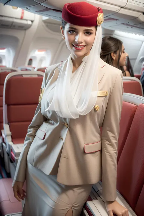 (realistic:1.3), finely detailed, quality, rembrandt lighting, (masterpiece:1.2), (photorealistic:1.2), (best quality), (detailed skin:1.3), (intricate details), dramatic, ray tracing, 1girl, arabian girl, 21 years old, olive skin, detailed skin texture, (blush:0.5), (goosebumps:0.5), subsurface scattering, smiling, medium breasts, updo hair, st3w4rd3ss, hijab, white scarf, jacket, red headwear, pencil skirt, name tag, hourglass figure, (bright sunny day, inside aeroplane cabin, seats), <lora:Outfit_soph-AirEmirates:0.8>