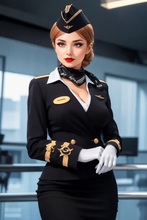 1girl, solo, beautiful adult woman, (( Eerie Phantom Black)), eyeliner, eyeshadow, makeup, red lips honey hair best quality, high quality, high detail, 4k, 8k resolution,rim lighting <lora:Stewardess-64:0.80> st3w4rd3ss, uniform, white gloves, lapel, garrison cap, pencil skirt, scarf, cuffs, flight pin, [name tag],large breasts, hourglass figure,