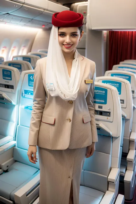 (realistic:1.3), finely detailed, quality, rembrandt lighting, (masterpiece:1.2), (photorealistic:1.2), (best quality), (detailed skin:1.3), (intricate details), dramatic, ray tracing, 1girl, arabian girl, 21 years old, olive skin, detailed skin texture, (blush:0.5), (goosebumps:0.5), subsurface scattering, smiling, medium breasts, st3w4rd3ss, hijab, white scarf, jacket, red headwear, pencil skirt, name tag, hourglass figure, (bright sunny day, inside aeroplane cabin, seats),, <lora:Outfit_soph-AirEmirates:0.8>