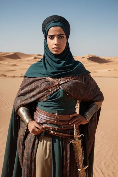1girl, solo, photography, portrait of arabarmor girl with group of army in dune, shield, sword, realistic, absurdes, detailed, <lora:ARWArabArmor:1>