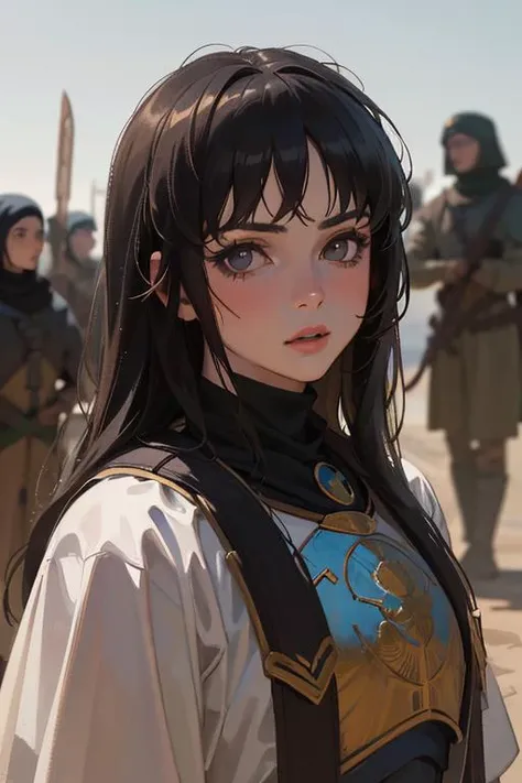 1girl, solo, photography, portrait of arabarmor girl with group of army in dune, shield, sword, realistic, absurdes, detailed, <lora:ARWArabArmor:1>