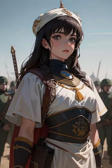 1girl, solo, photography, portrait of arabarmor girl with group of army in dune, shield, sword, realistic, absurdes, detailed, <lora:ARWArabArmor:1>