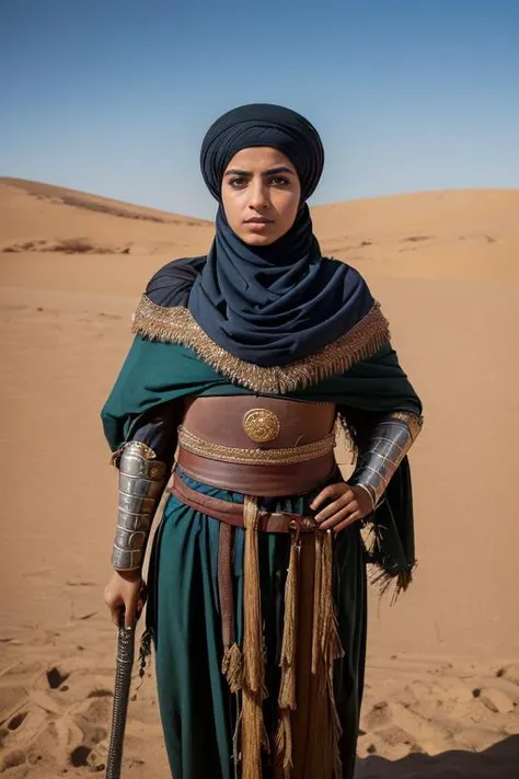 1girl, solo, photography, portrait of arabarmor girl with group of army in dune, shield, sword, realistic, absurdes, detailed, <lora:ARWArabArmor:1>