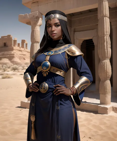 woman in her 20s, (dark skin:1.2), (perfect face), defined jawline, beautiful lips, (beautiful bright brown eyes), (perfect hands), (arabarmor), navy blue loose clothing, (standing, hands on waist), (looking at viewer), (medium shot photograph), (ancient desert temple background), photorealistic