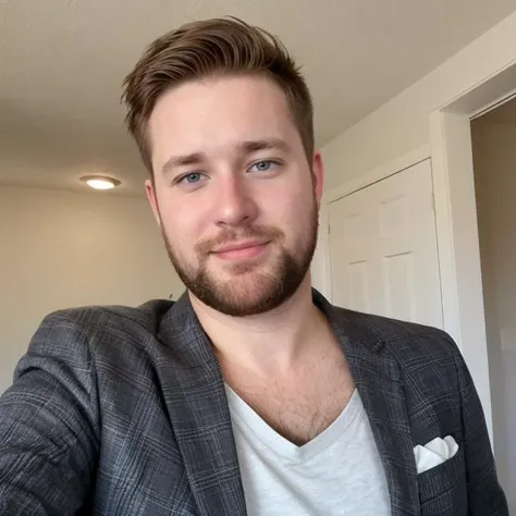 hyper realistic candid photo of a 24yo redneck male, average,  bunker, analog style, masterpiece, pubic hair, celebrating, short hair, slightly hairy chest, suit jacket, selfie