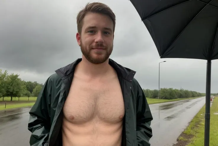 hyper realistic candid photo of a 24yo redneck male, average, megastructure, analog style, masterpiece, pubic hair, ravenous, short hair, slightly hairy chest, rain jacket, dutch angle
