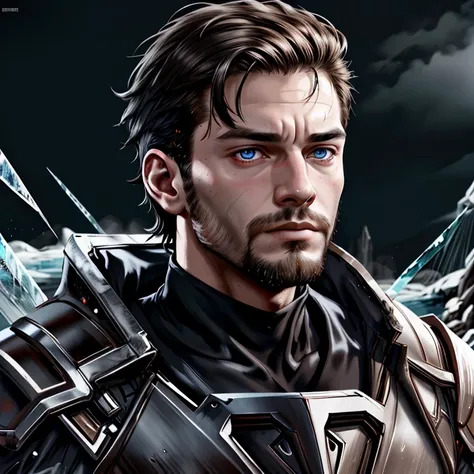 male <lora:dg_Hank_v1:0.6> dg_Hank, zrpgstyle, from_side from_below, BREAK portrait, solo, upper body, detailed background, detailed face, (<lora:WebbedTech:0.4>, webbedtech theme:1.1),Dijon northern warrior, (glowing eyes:1.05), resilience, champion, dynamic pose, heavy armor, frozen insignia icicles, cold, frozen weapon, icy breath, stormy background, frozen rivers, in background permafrost, cinematic atmosphere,