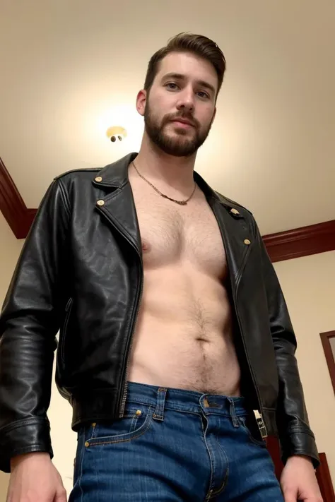 hyper realistic candid photo of a 24yo redneck male, average, casino, analog style, masterpiece, pubic hair, nervous, short hair, slightly hairy chest, leather jacket, from below