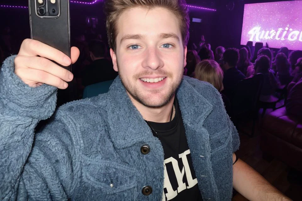 hyper realistic candid photo of a 24yo redneck male, average, nightclub, analog style, masterpiece, pubic hair, joyous, short hair, slightly hairy chest, fleece jacket, selfie