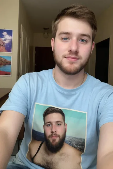 hyper realistic candid photo of a 24yo redneck male, average, mosque, analog style, masterpiece, pubic hair, in love, short hair, slightly hairy chest, graphic college art T-shirt, selfie