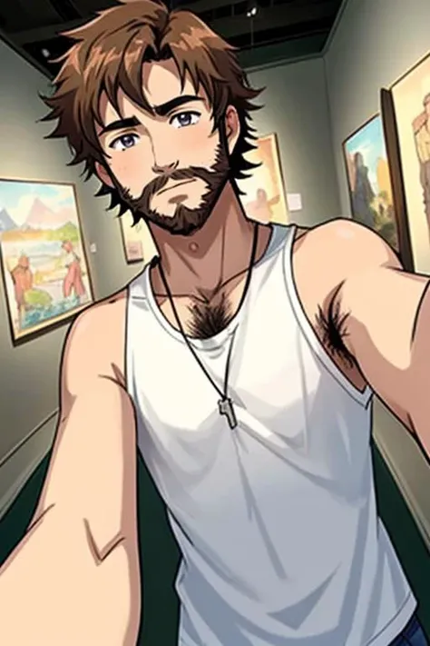 Anime, of a 24yo redneck male, average,  museum, masterpiece, pubic hair, miserable, short hair, slightly hairy chest, sleeveless shirt, selfie