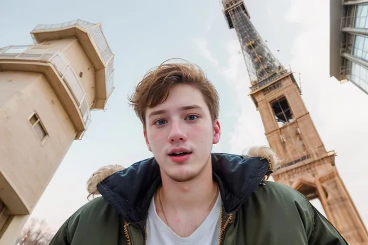 24yo dg_Hank male, <lora:dg_Hank_v1:0.8>, hyper realistic candid photo, tower, analog style, masterpiece, dreamy, short hair, slightly hairy chest, puffer jacket, from below