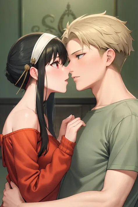 masterpiece, best quality, <lora:forger:1>,1boy,1girl,hairband,red sweater,kiss,